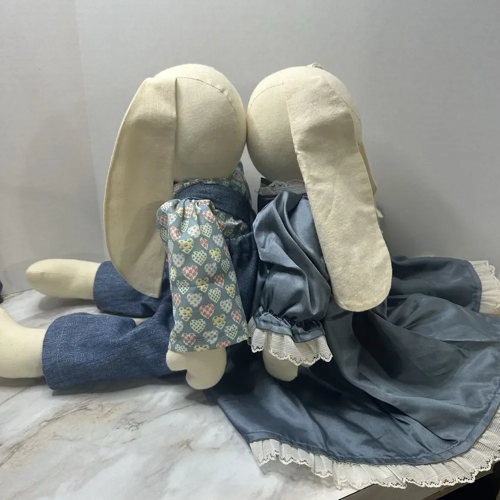 VTG Handmade Country Bunny Rabbits Plush Set Coquette Country‎ Chic Primitive